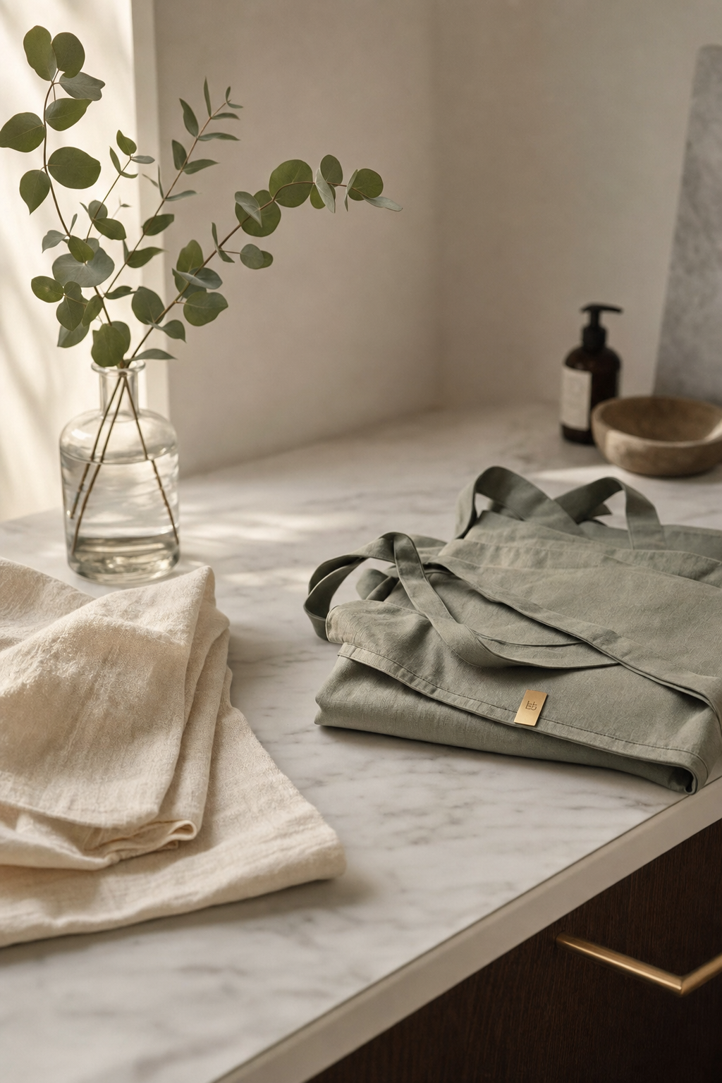 A folded sage-green apron with a small gold tag rests on a white marble kitchen bench beside a glass vase of eucalyptus and folded natural linen in soft morning light.